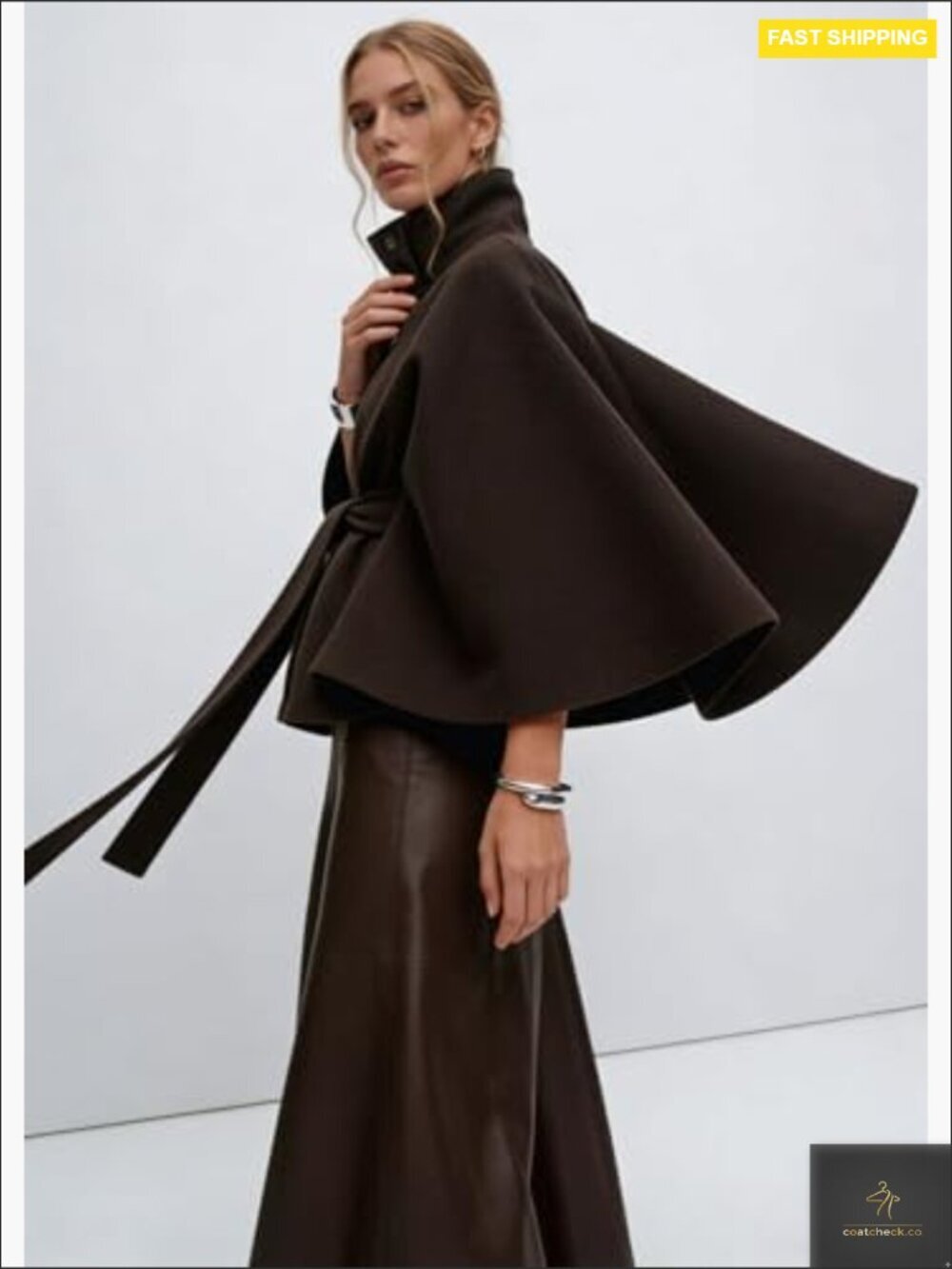 Wool Blend Pea Coat with Batwing Sleeves and Belted Waist Cropped Jacket Winter - Picture 4 of 7